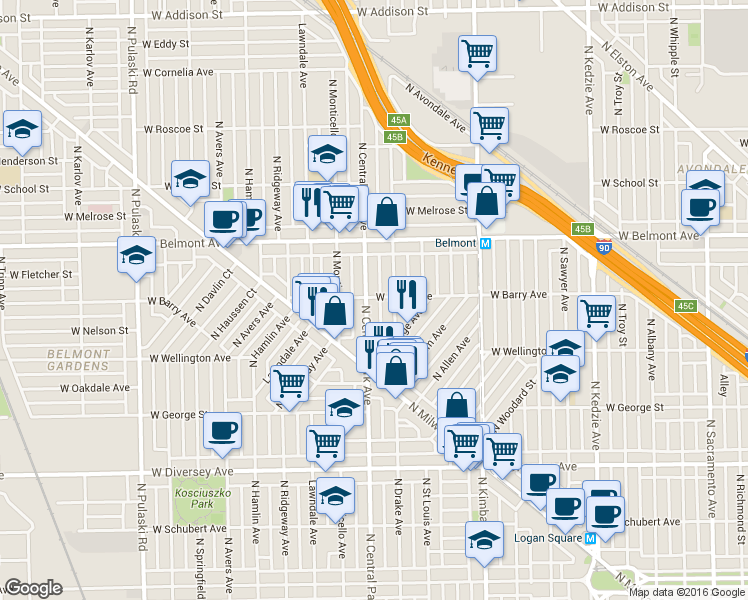 map of restaurants, bars, coffee shops, grocery stores, and more near 3059 North Central Park Avenue in Chicago