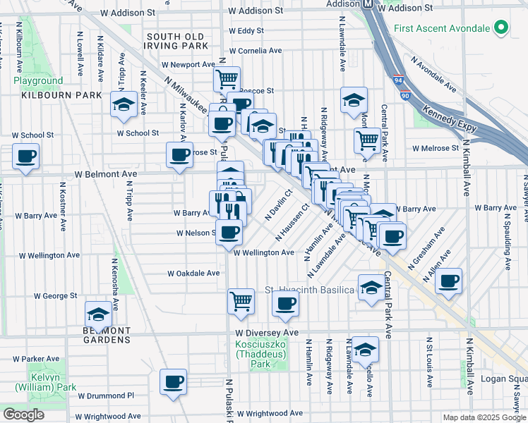 map of restaurants, bars, coffee shops, grocery stores, and more near 3075 North Davlin Court in Chicago