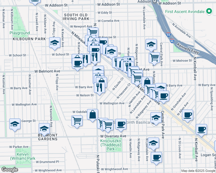 map of restaurants, bars, coffee shops, grocery stores, and more near 3961 West Barry Avenue in Chicago