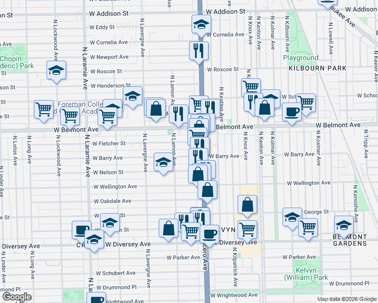 map of restaurants, bars, coffee shops, grocery stores, and more near 4842 West Barry Avenue in Chicago