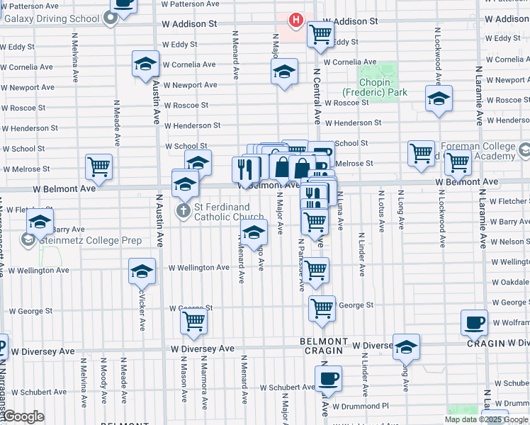 map of restaurants, bars, coffee shops, grocery stores, and more near 3107 North Mango Avenue in Chicago