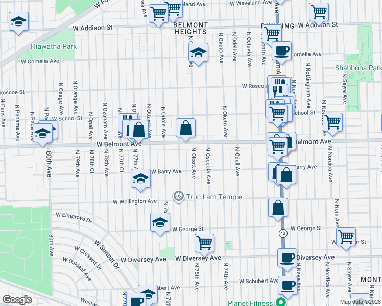 map of restaurants, bars, coffee shops, grocery stores, and more near 3124 North Olcott Avenue in Chicago