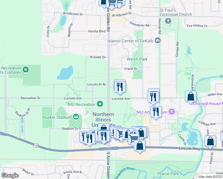map of restaurants, bars, coffee shops, grocery stores, and more near in DeKalb