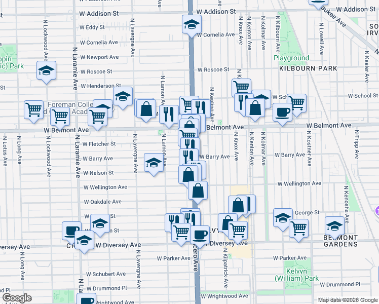 map of restaurants, bars, coffee shops, grocery stores, and more near 3104 North Cicero Avenue in Chicago