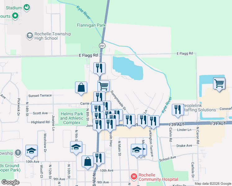 map of restaurants, bars, coffee shops, grocery stores, and more near 1259 Sunnymeade Drive in Rochelle
