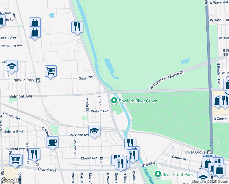 map of restaurants, bars, coffee shops, grocery stores, and more near Belmont Avenue in Chicago