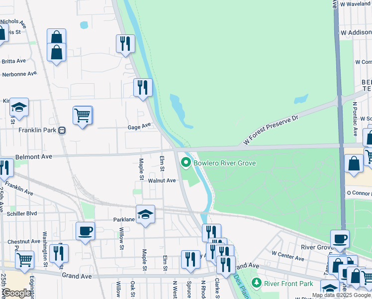 map of restaurants, bars, coffee shops, grocery stores, and more near 8775 West Belmont Avenue in Chicago