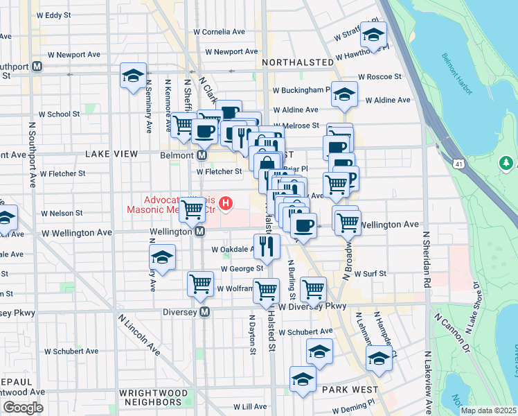 map of restaurants, bars, coffee shops, grocery stores, and more near 3024 North Halsted Street in Chicago