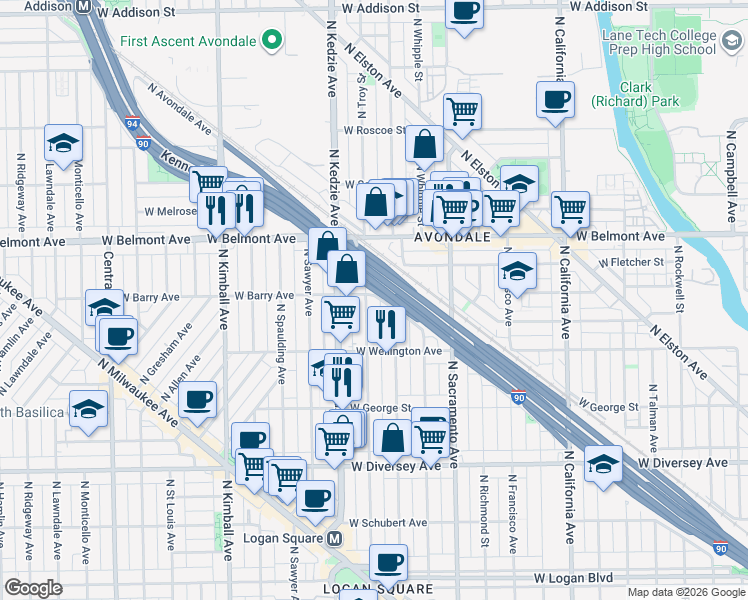 map of restaurants, bars, coffee shops, grocery stores, and more near 3042 North Troy Street in Chicago