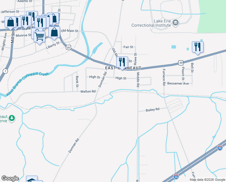 map of restaurants, bars, coffee shops, grocery stores, and more near 436 Dorman Rd in Conneaut