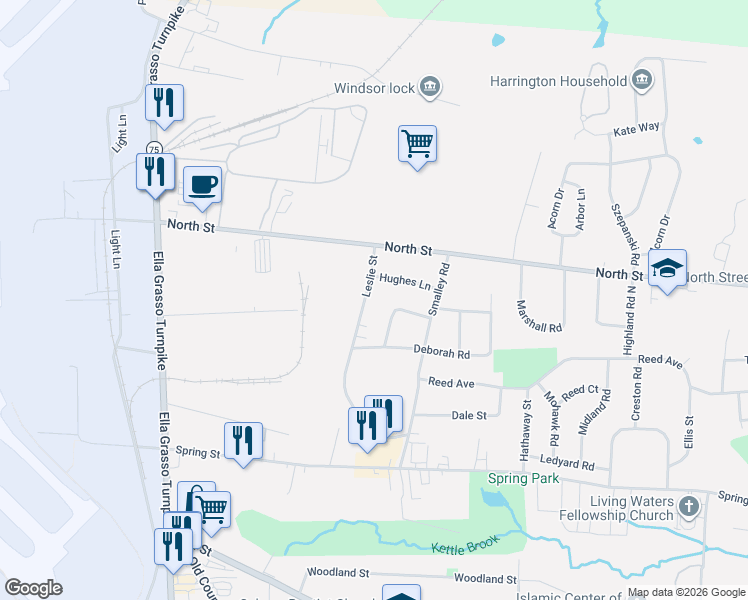 map of restaurants, bars, coffee shops, grocery stores, and more near 74 Leslie Street in Windsor Locks