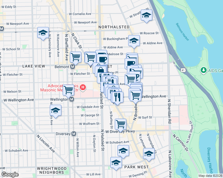 map of restaurants, bars, coffee shops, grocery stores, and more near 725 West Barry Avenue in Chicago