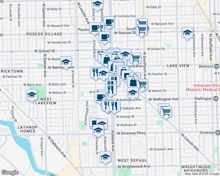 map of restaurants, bars, coffee shops, grocery stores, and more near 3040 North Ashland Avenue in Chicago