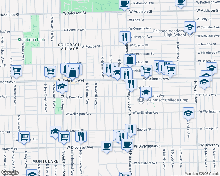 map of restaurants, bars, coffee shops, grocery stores, and more near 3119 North Neenah Avenue in Chicago