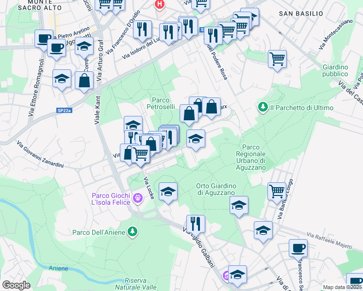 map of restaurants, bars, coffee shops, grocery stores, and more near 202 Piazzale Hegel in Roma