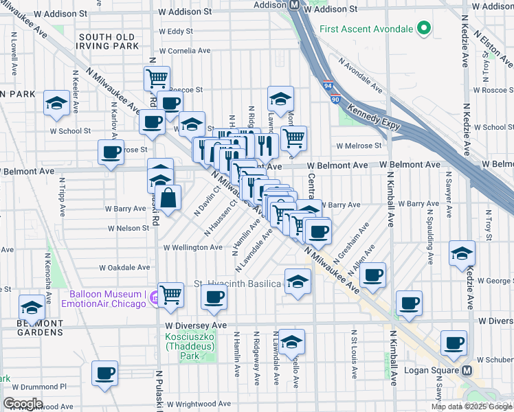 map of restaurants, bars, coffee shops, grocery stores, and more near 3073 North Avers Avenue in Chicago