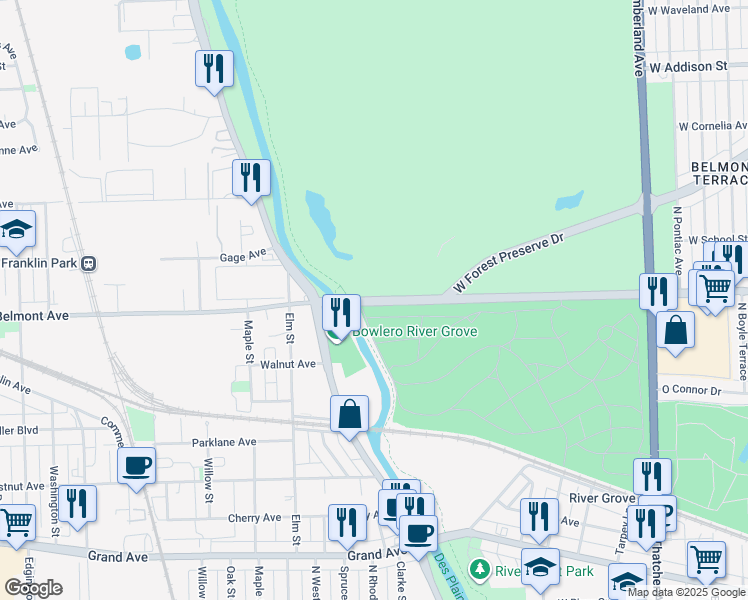 map of restaurants, bars, coffee shops, grocery stores, and more near 8647-8655 W Belmont Ave in Chicago