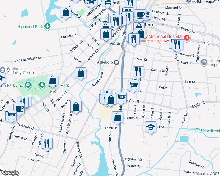 map of restaurants, bars, coffee shops, grocery stores, and more near 21 Manchester Street in Attleboro