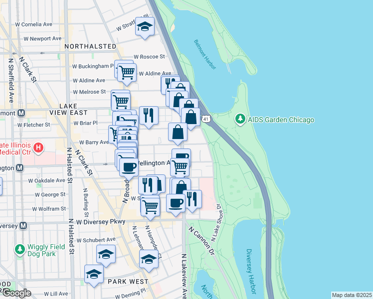 map of restaurants, bars, coffee shops, grocery stores, and more near 360 West Wellington Avenue in Chicago