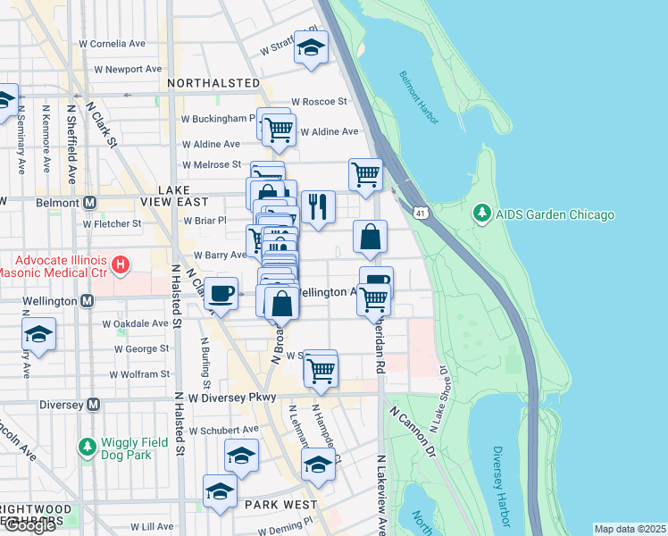 map of restaurants, bars, coffee shops, grocery stores, and more near 504 West Wellington Avenue in Chicago