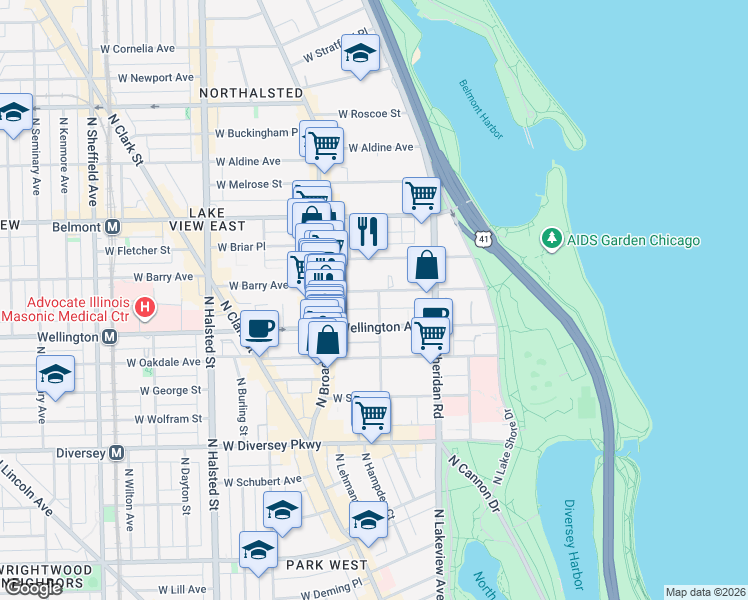 map of restaurants, bars, coffee shops, grocery stores, and more near 504 West Wellington Avenue in Chicago