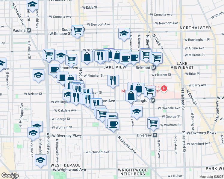 map of restaurants, bars, coffee shops, grocery stores, and more near 1225 West Nelson Street in Chicago