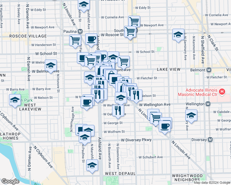 map of restaurants, bars, coffee shops, grocery stores, and more near 3031 North Greenview Avenue in Chicago