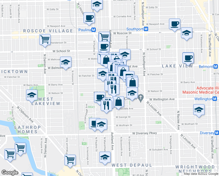 map of restaurants, bars, coffee shops, grocery stores, and more near 1610 West Nelson Street in Chicago