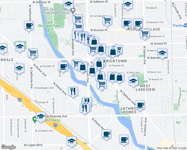 map of restaurants, bars, coffee shops, grocery stores, and more near 2330 West Nelson Street in Chicago
