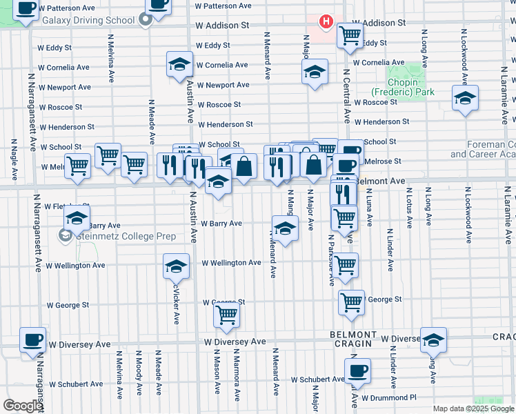 map of restaurants, bars, coffee shops, grocery stores, and more near 3111 North Monitor Avenue in Chicago