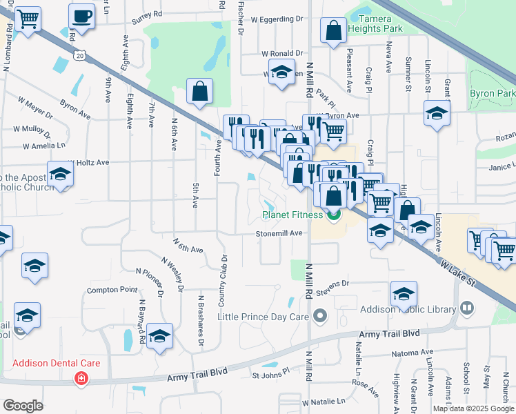 map of restaurants, bars, coffee shops, grocery stores, and more near 710 Briar Hill Lane in Addison