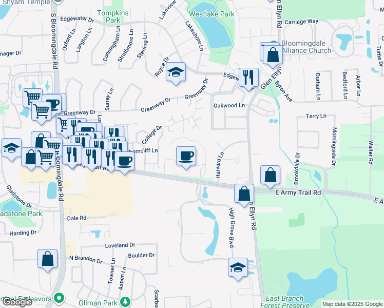 map of restaurants, bars, coffee shops, grocery stores, and more near 207 Regency Drive in Bloomingdale