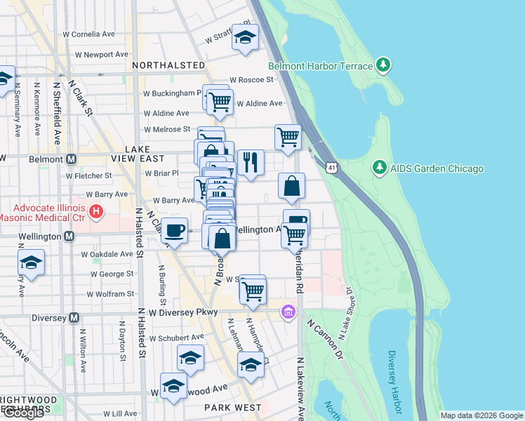map of restaurants, bars, coffee shops, grocery stores, and more near 504 West Wellington Avenue in Chicago