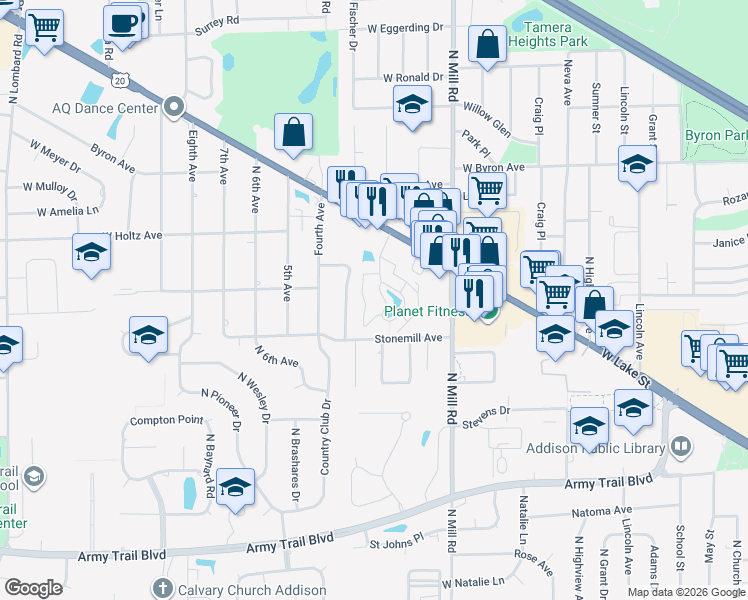 map of restaurants, bars, coffee shops, grocery stores, and more near 710 Briar Hill Lane in Addison