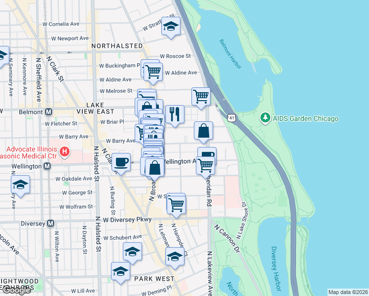 map of restaurants, bars, coffee shops, grocery stores, and more near 445 West Barry Avenue in Chicago