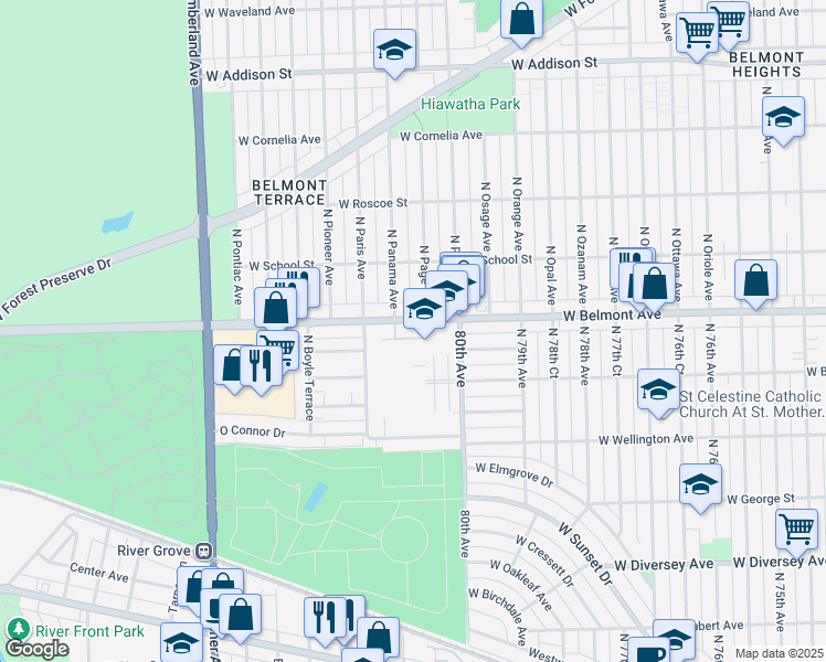 map of restaurants, bars, coffee shops, grocery stores, and more near 8001 West Belmont Avenue in River Grove