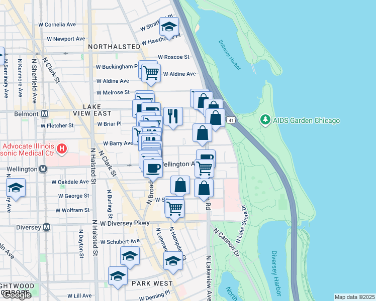 map of restaurants, bars, coffee shops, grocery stores, and more near 441 West Barry Avenue in Chicago