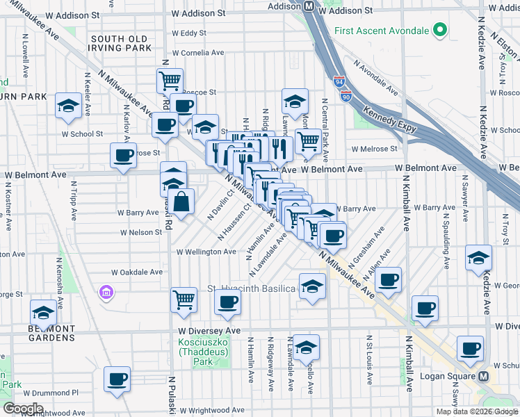 map of restaurants, bars, coffee shops, grocery stores, and more near 3110 North Milwaukee Avenue in Chicago
