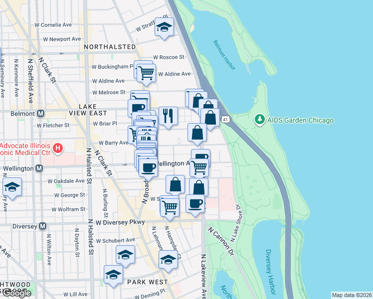 map of restaurants, bars, coffee shops, grocery stores, and more near 428 West Wellington Avenue in Chicago