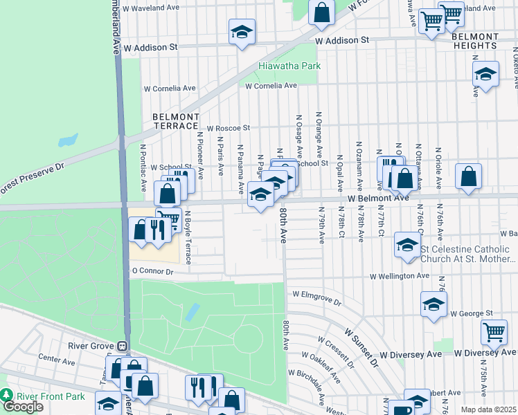 map of restaurants, bars, coffee shops, grocery stores, and more near 8001 West Belmont Avenue in River Grove