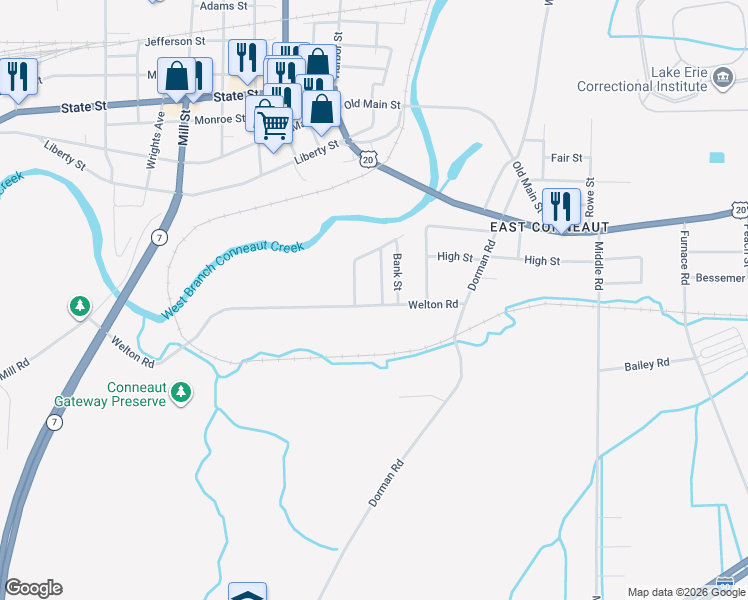 map of restaurants, bars, coffee shops, grocery stores, and more near 155 Welton Road in Conneaut