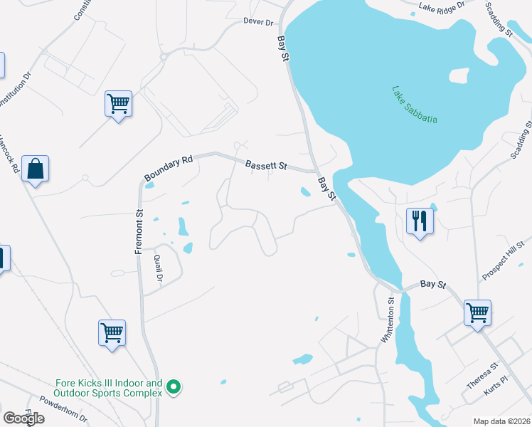 map of restaurants, bars, coffee shops, grocery stores, and more near 1162 Bay Street in Taunton