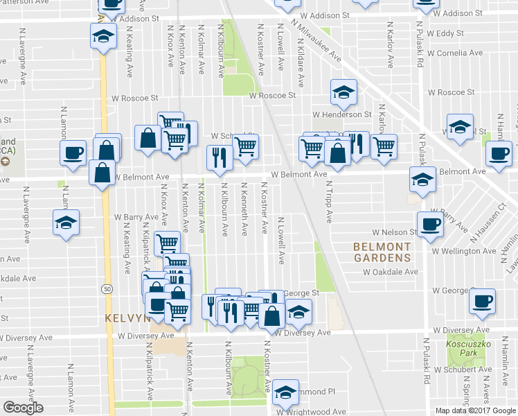 map of restaurants, bars, coffee shops, grocery stores, and more near 3106 North Kostner Avenue in Chicago