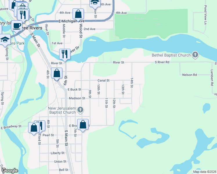 map of restaurants, bars, coffee shops, grocery stores, and more near 605 11th Street in Three Rivers