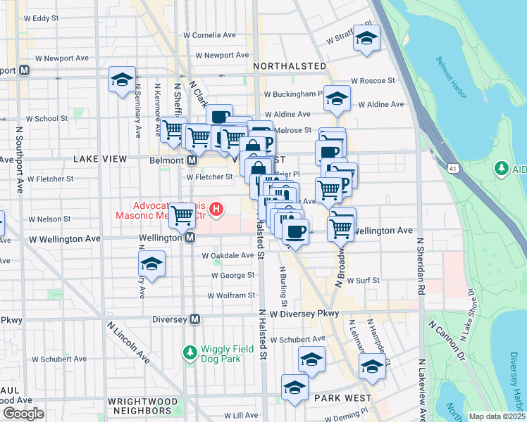 map of restaurants, bars, coffee shops, grocery stores, and more near 3040 North Clark Street in Chicago