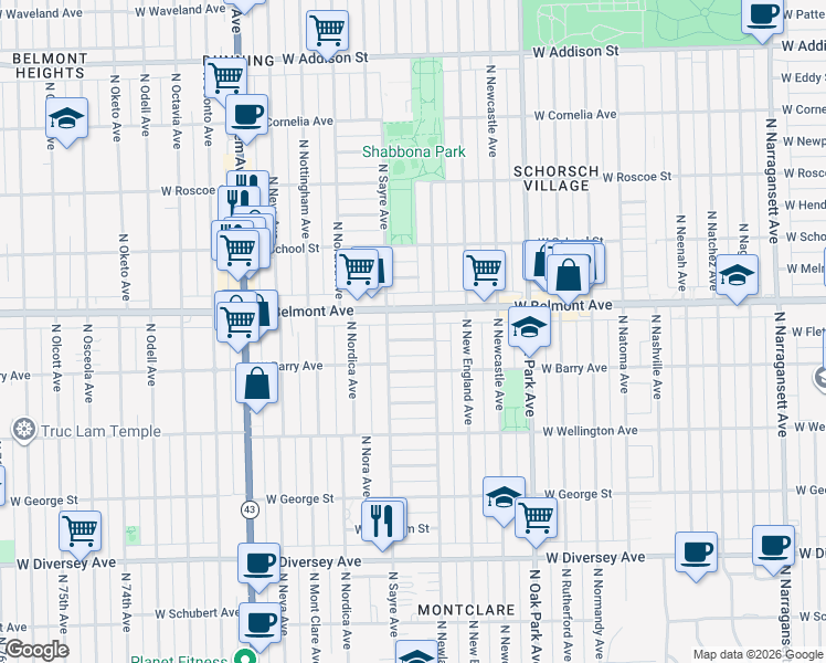 map of restaurants, bars, coffee shops, grocery stores, and more near 6935 West Fletcher Street in Chicago