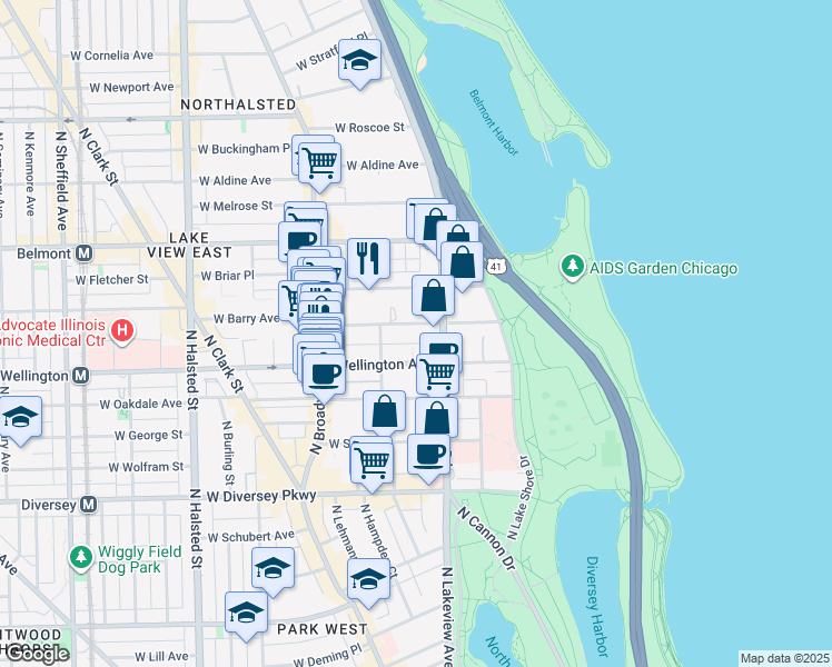 map of restaurants, bars, coffee shops, grocery stores, and more near 421 West Barry Avenue in Chicago