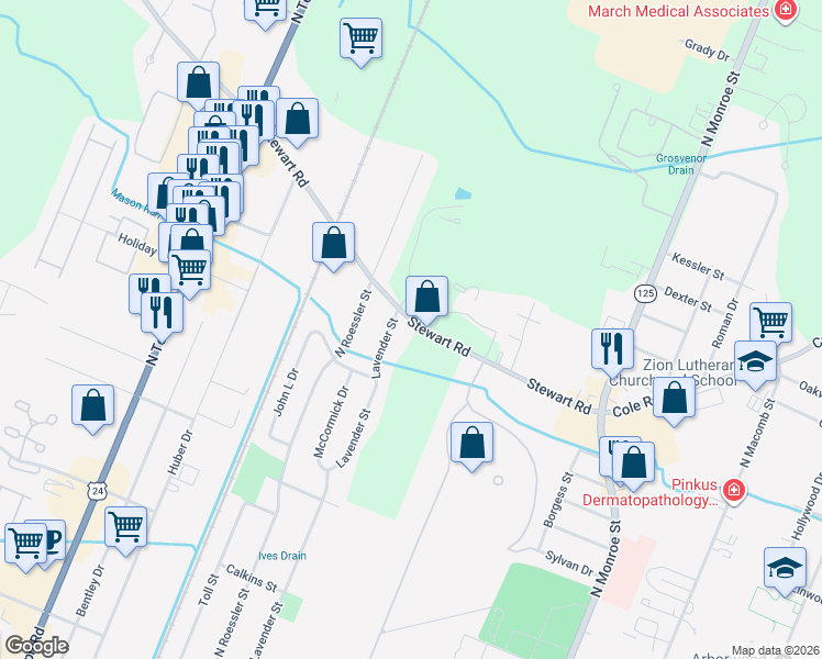 map of restaurants, bars, coffee shops, grocery stores, and more near 767 Stewart Road in Monroe