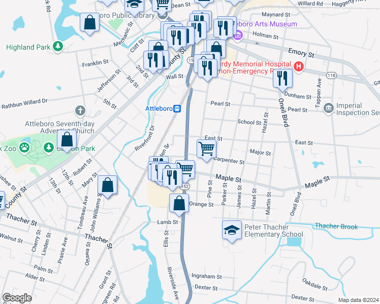 map of restaurants, bars, coffee shops, grocery stores, and more near 2 Carpenter Street in Attleboro