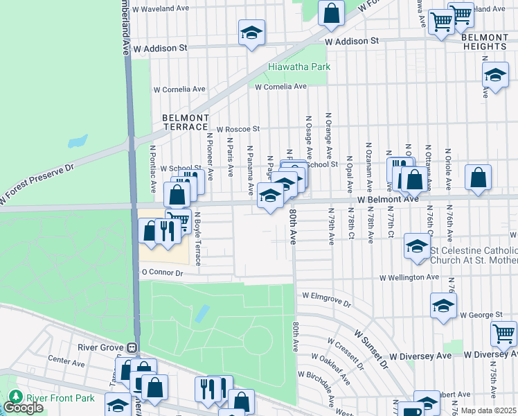 map of restaurants, bars, coffee shops, grocery stores, and more near 8001 West Belmont Avenue in River Grove